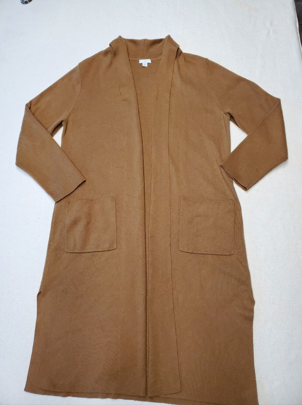 J.Jill Long Duster Cardigan Sz M Petite Camel Open Front Wool Blend Pockets